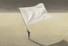 Illustration of man waving large white flag.